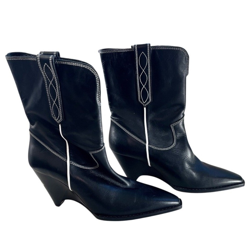 Zara Black Leather Western Boots Sculptural Wedge Heel Sz 7 SRPLS - Picture 2 of 11